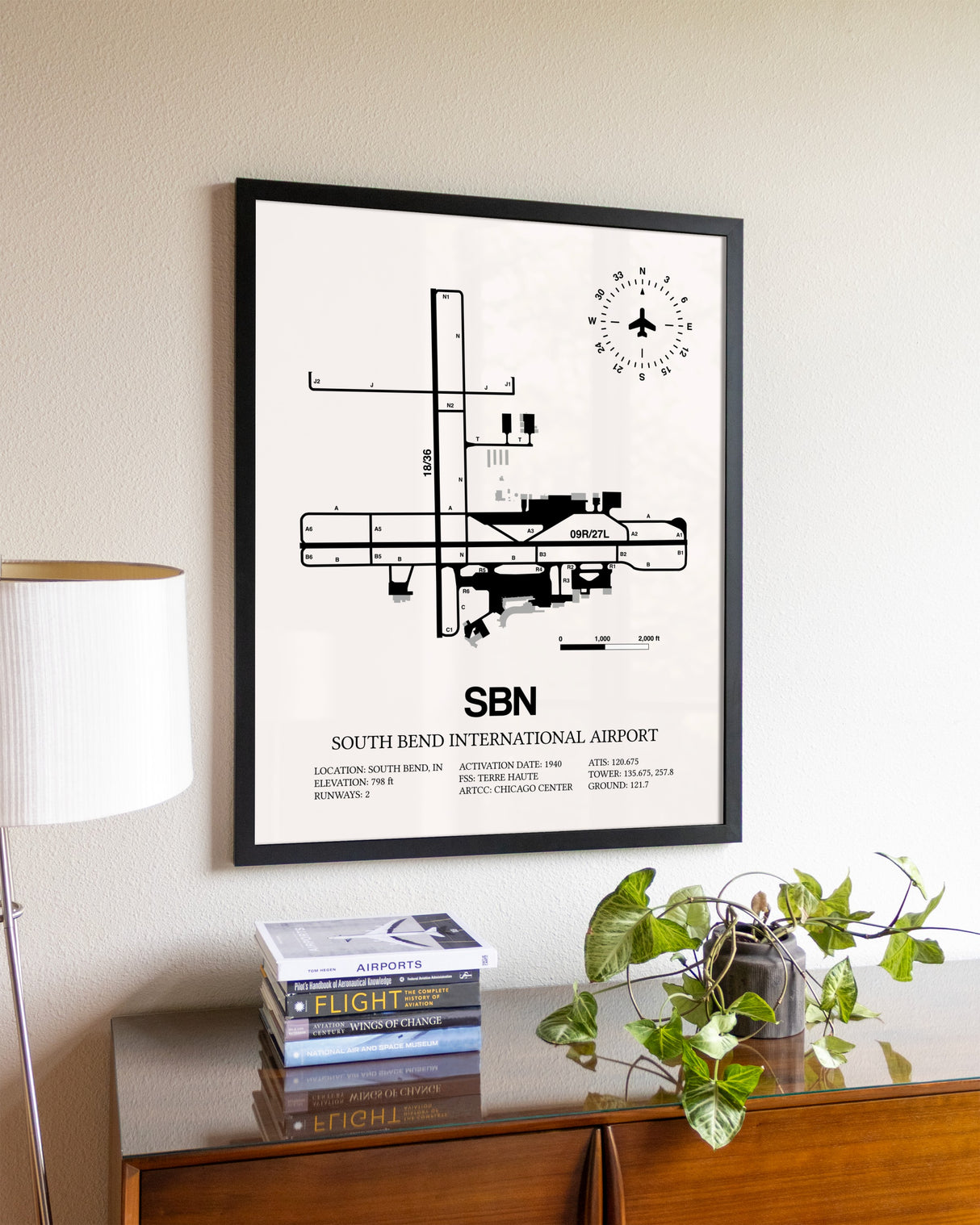 South Bend International Airport aviation wall décor in black wood frame