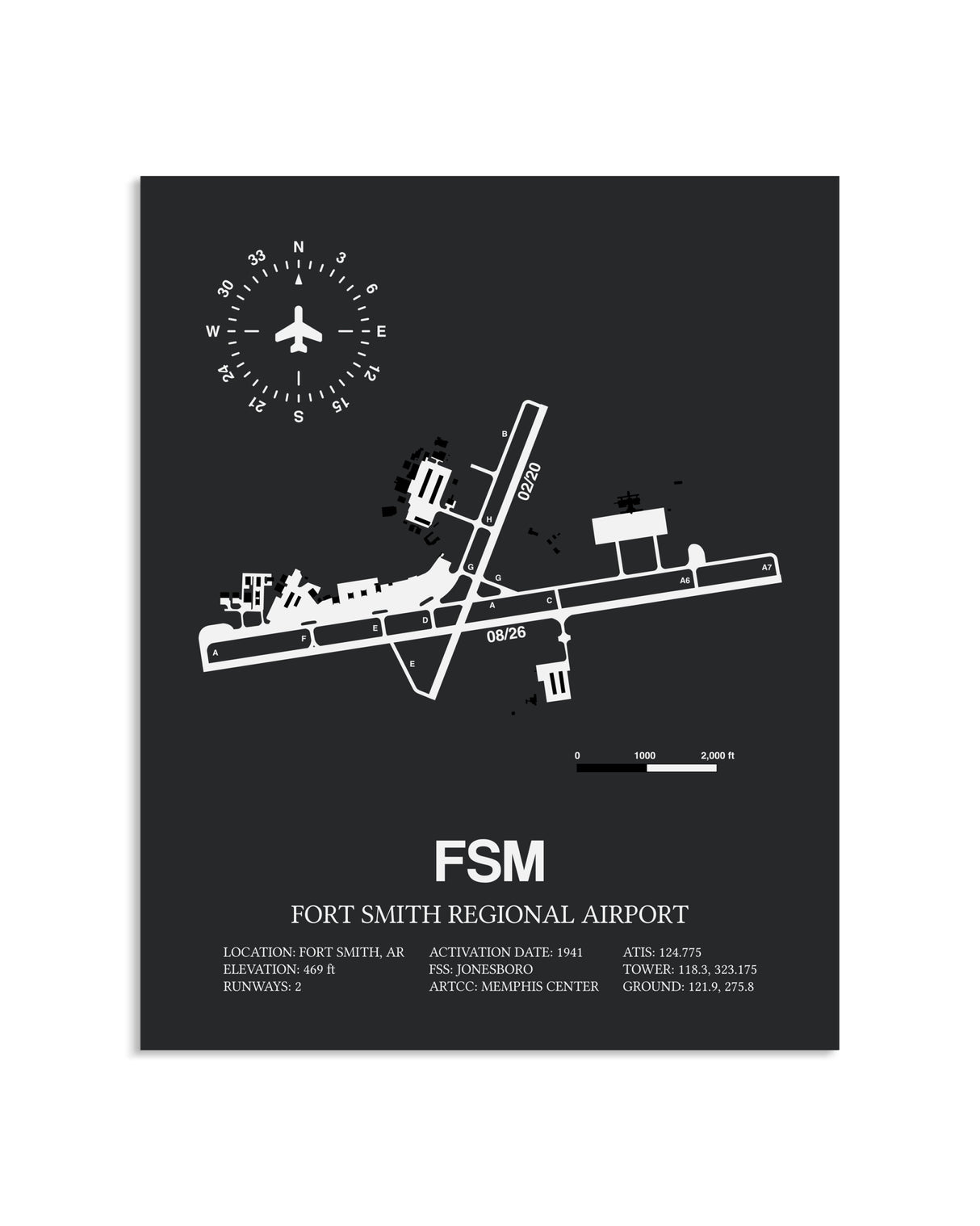 Gray Framed Fort Smith Regional Airport layout wall art poster