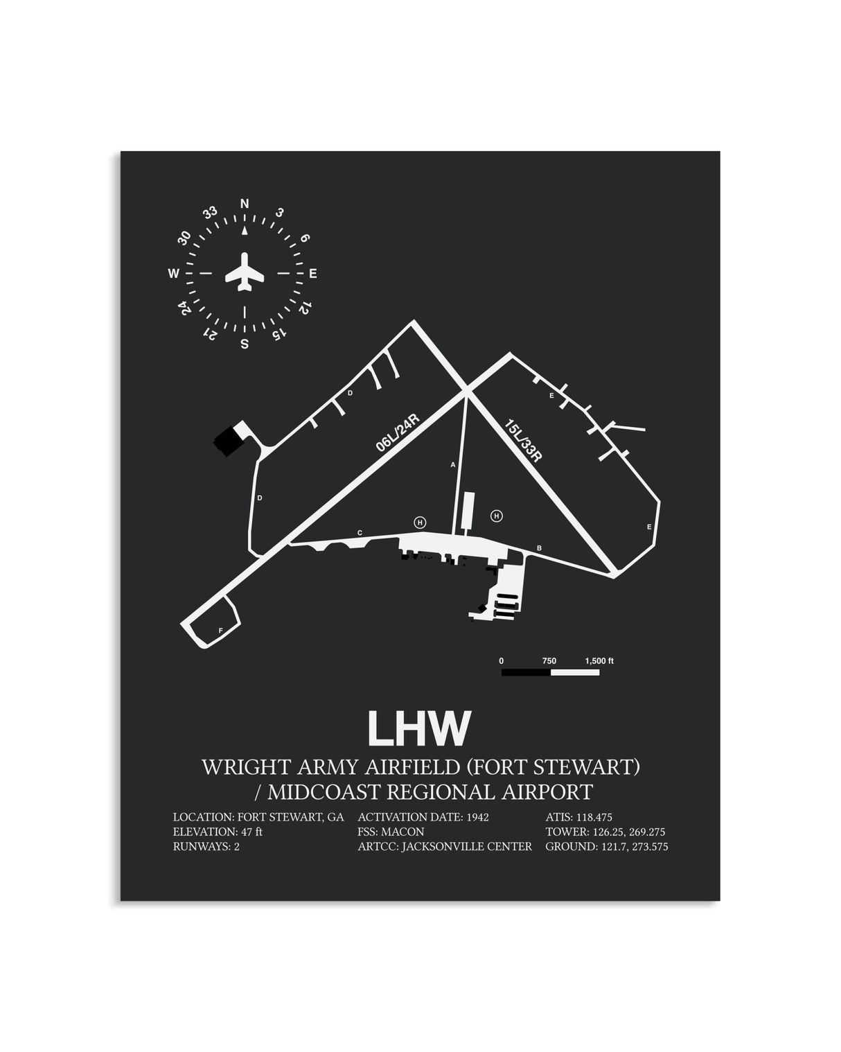 Gray Framed Wright Army Airfield (Fort Stewart) / Midcoast Regional Airport layout wall art poster