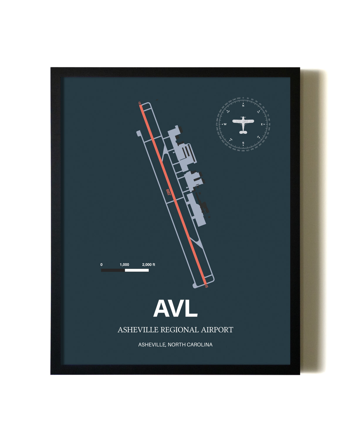 Slate Framed Asheville Regional Airport wall art poster in black frame