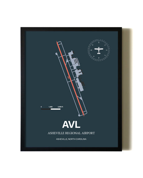 Slate Framed Asheville Regional Airport wall art poster in black frame