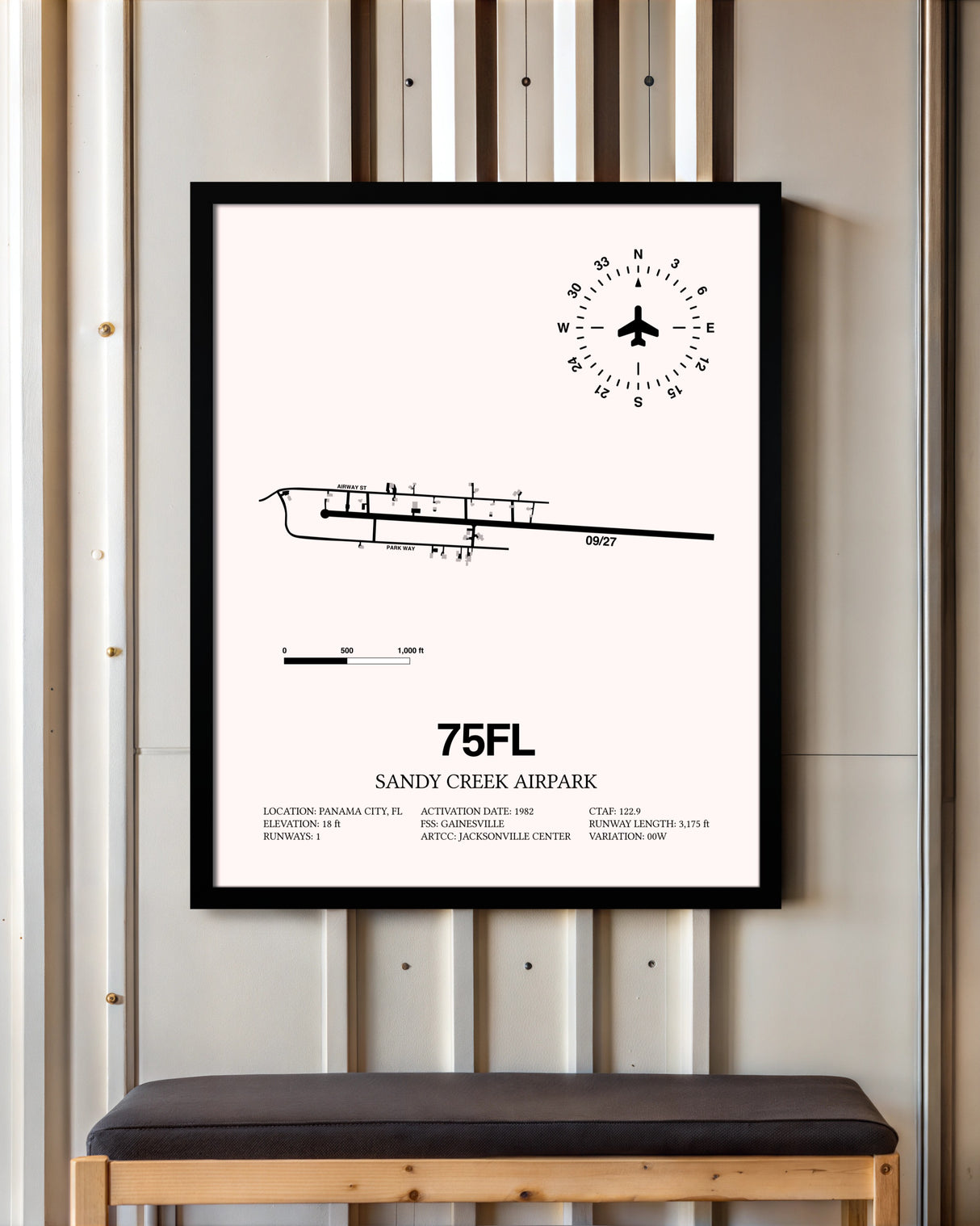 Sandy Creek Airpark framed poster displayed in an airplane hangar