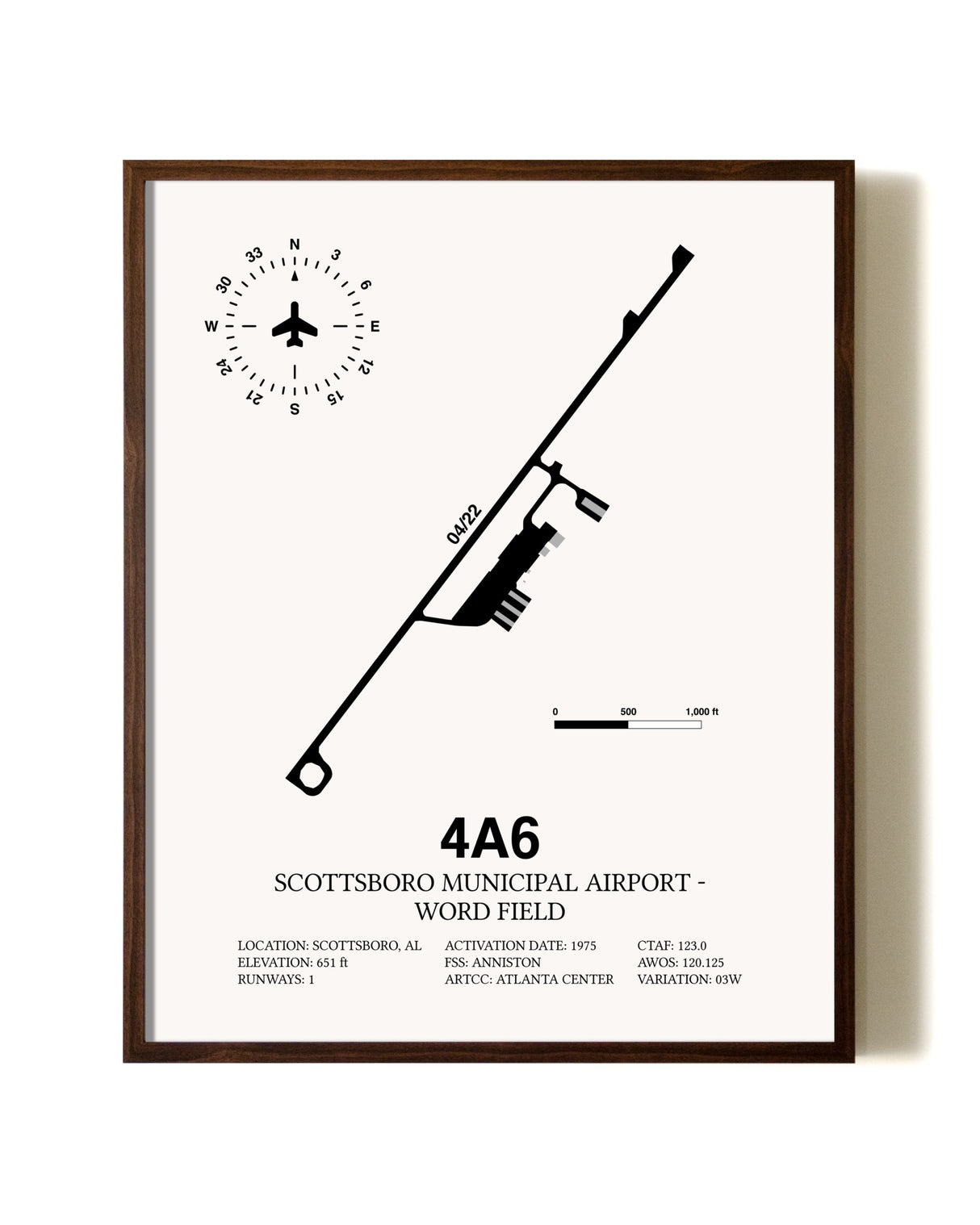 Scottsboro Municipal Airport - Word Field aviation print in walnut frame