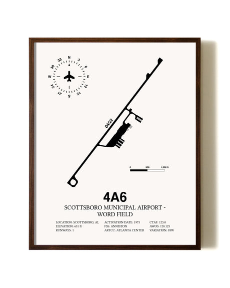 Scottsboro Municipal Airport - Word Field aviation print in walnut frame
