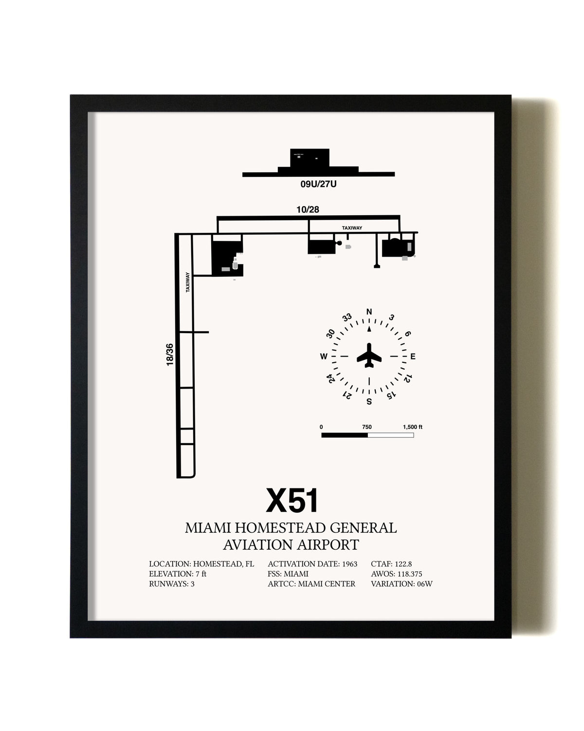 Framed Miami Homestead General Aviation Airport wall art poster in black frame