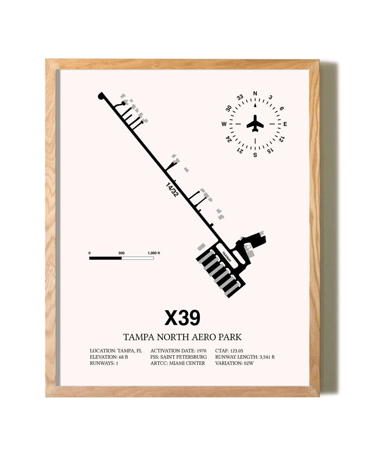 Tampa North Aero Park framed print in natural wood frame