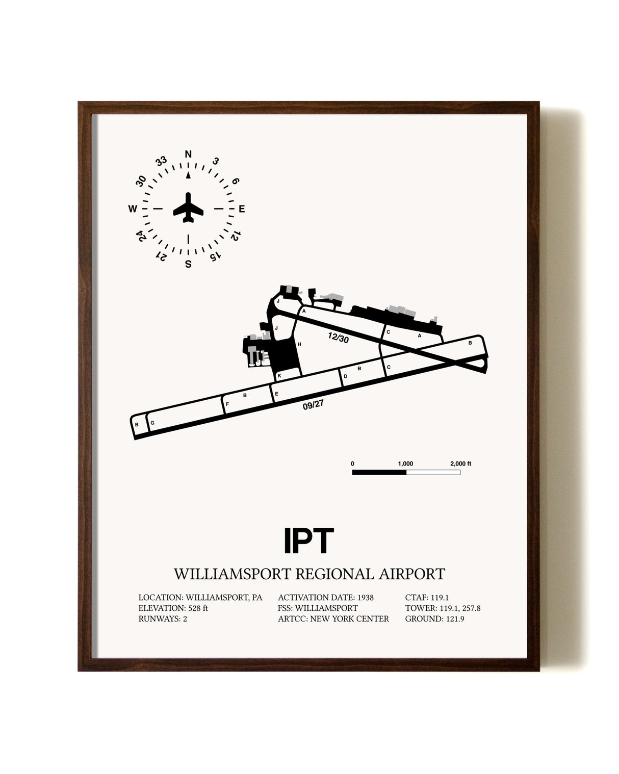 Williamsport Regional Airport aviation print in walnut frame