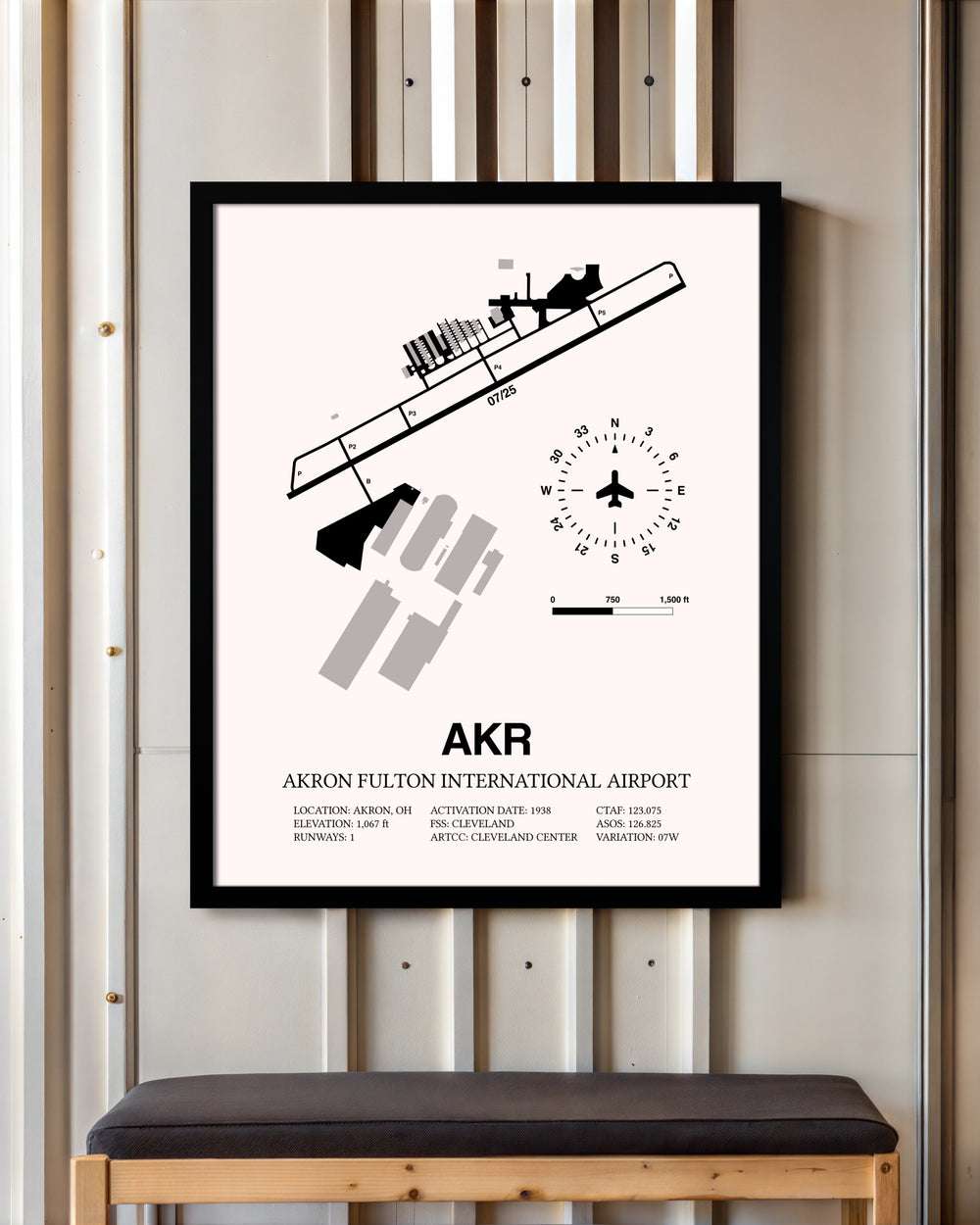 Akron Fulton International Airport framed poster displayed in an airplane hangar