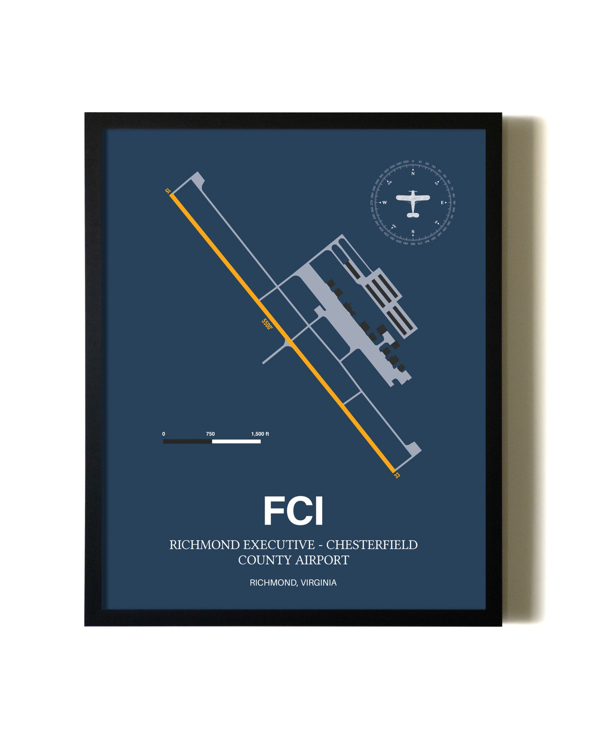Blue and Yellow Framed Richmond Executive-Chesterfield County Airport wall art poster in black frame