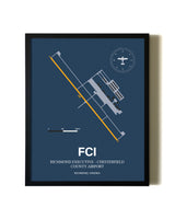 Blue and Yellow Framed Richmond Executive-Chesterfield County Airport wall art poster in black frame