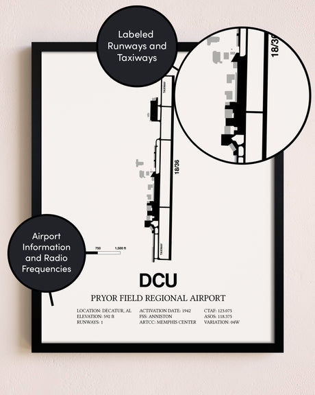 Framed Pryor Field Regional Airport layout wall art poster