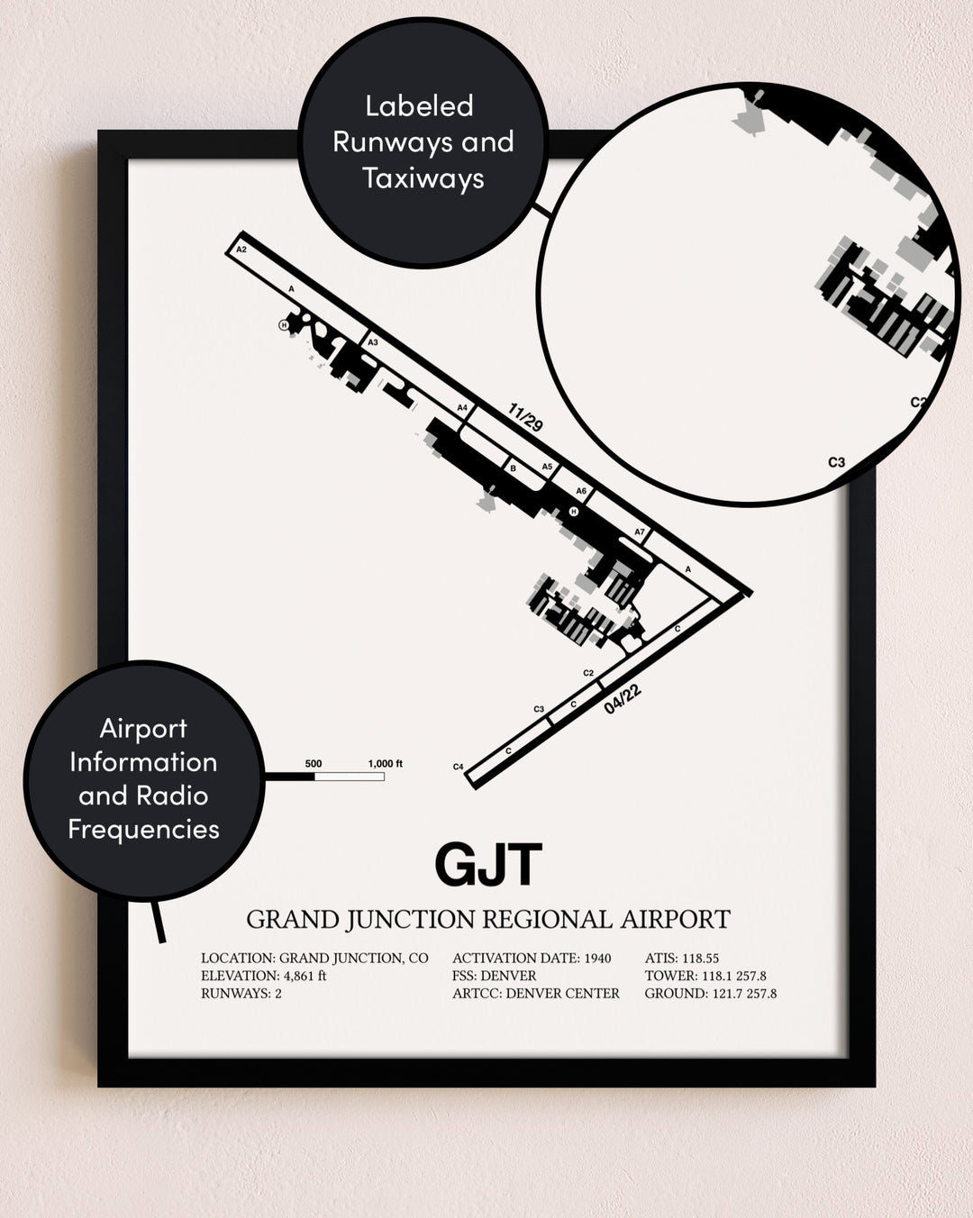 Framed Grand Junction Regional Airport layout wall art poster