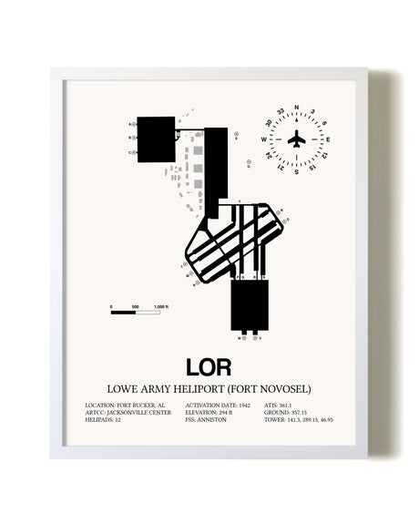 Lowe Army Heliport (Fort Novosel) airport map poster in oak frame