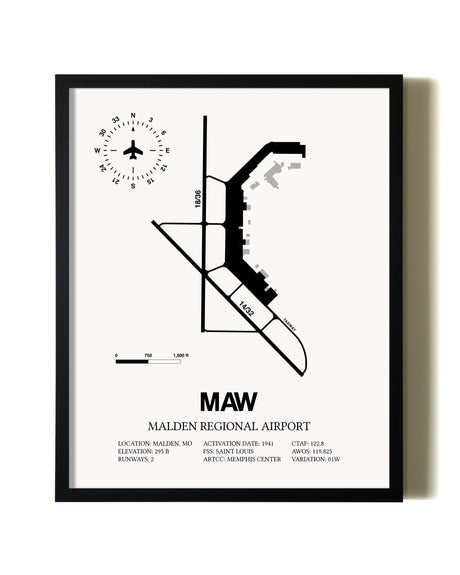 Framed Malden Regional Airport wall art poster in black frame