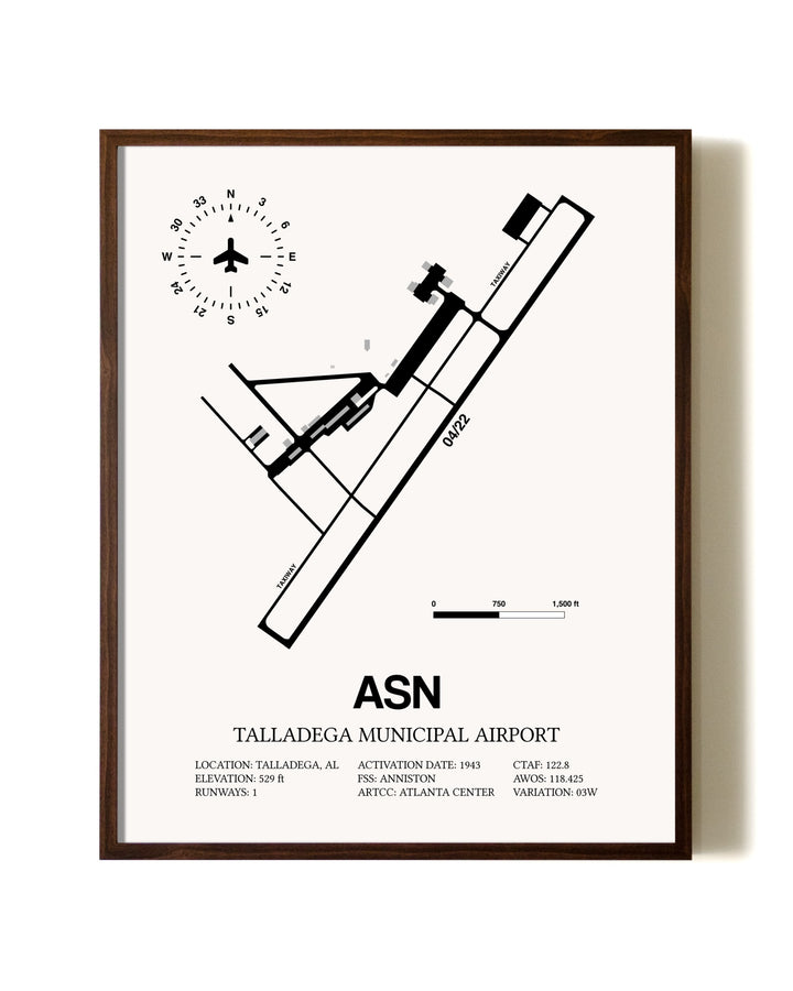 Talladega Municipal Airport aviation print in walnut frame