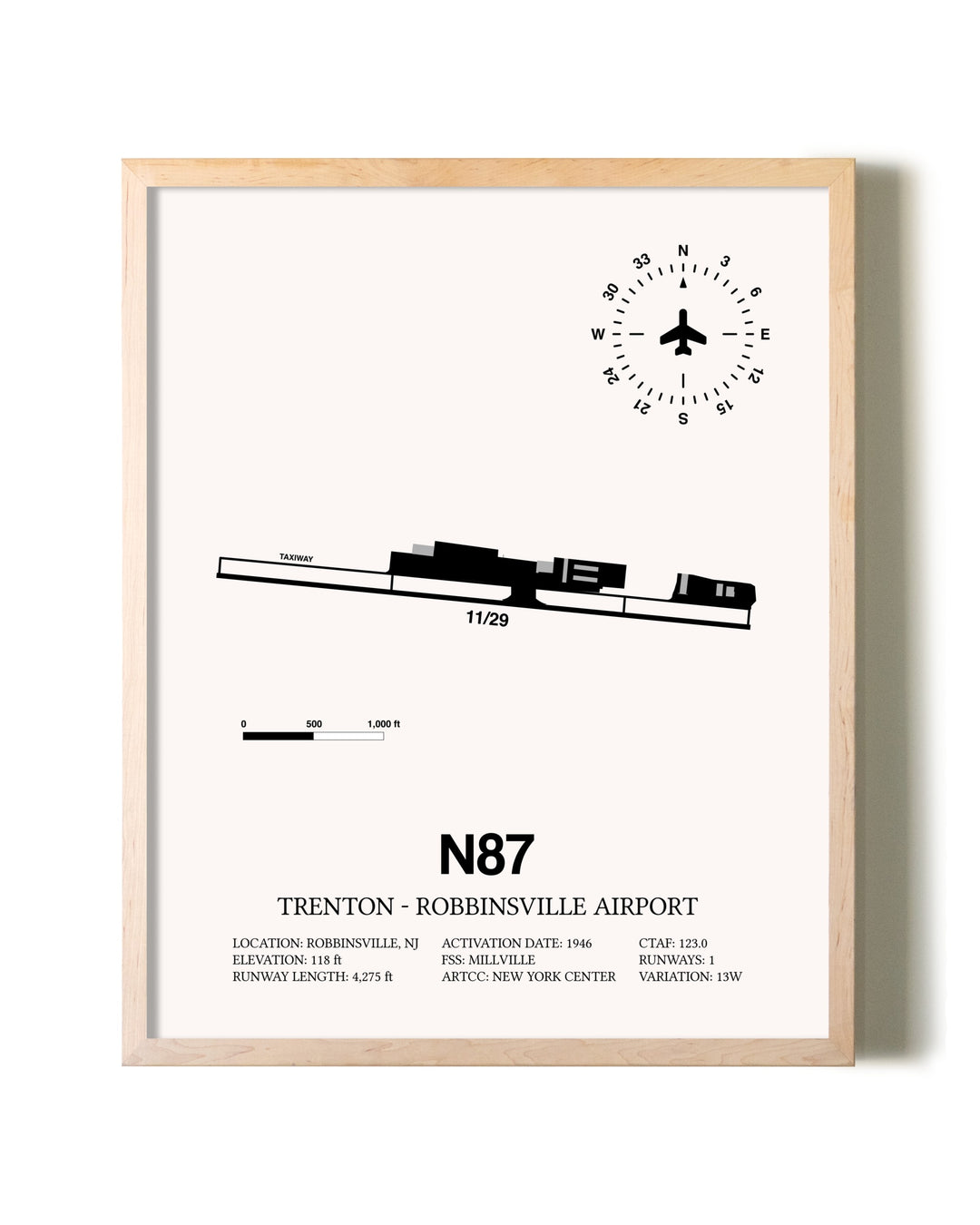 Trenton-Robbinsville Airport framed wall art in white frame