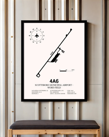 Scottsboro Municipal Airport - Word Field framed poster displayed in an airplane hangar
