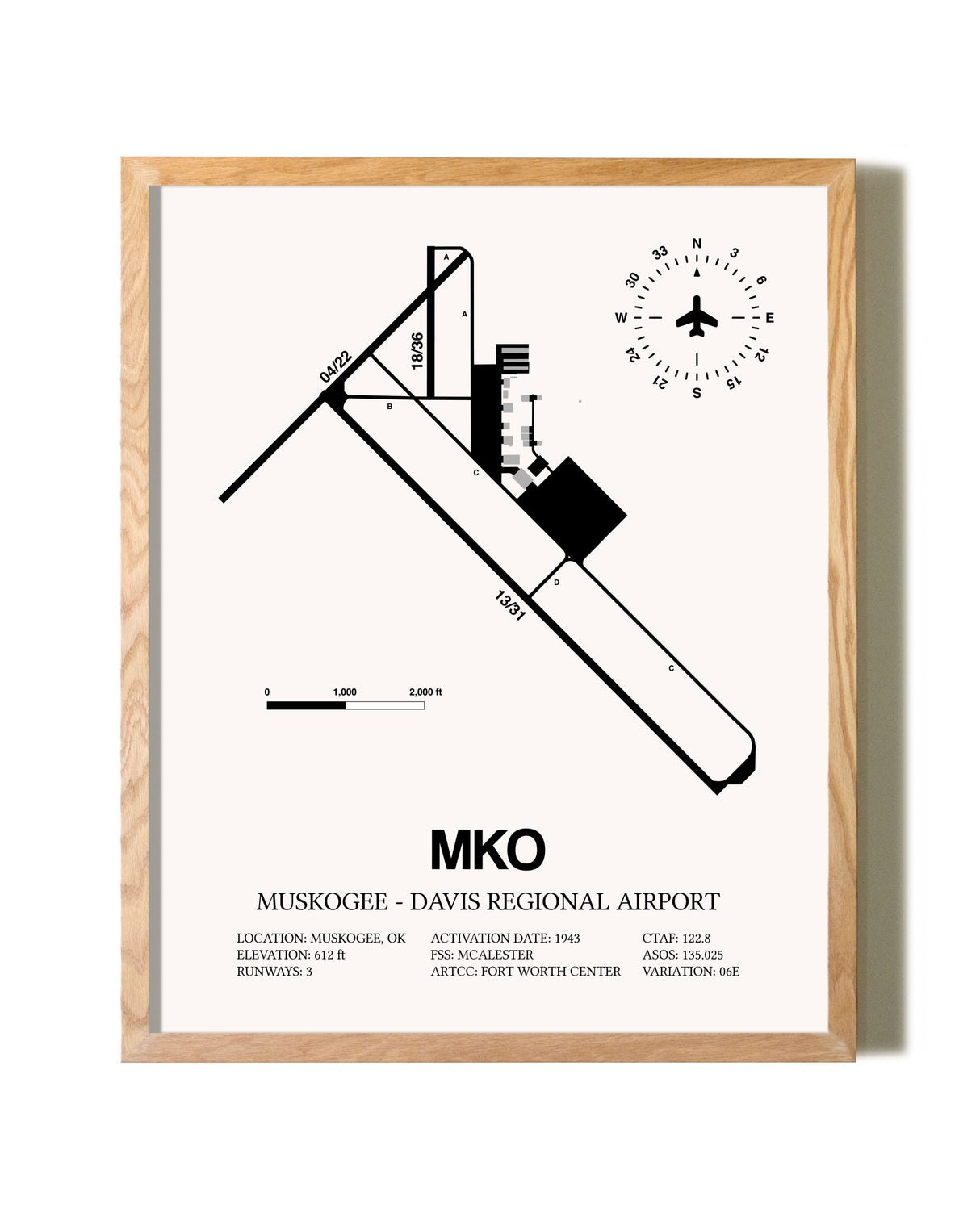 Muskogee-Davis Regional Airport framed print in natural wood frame