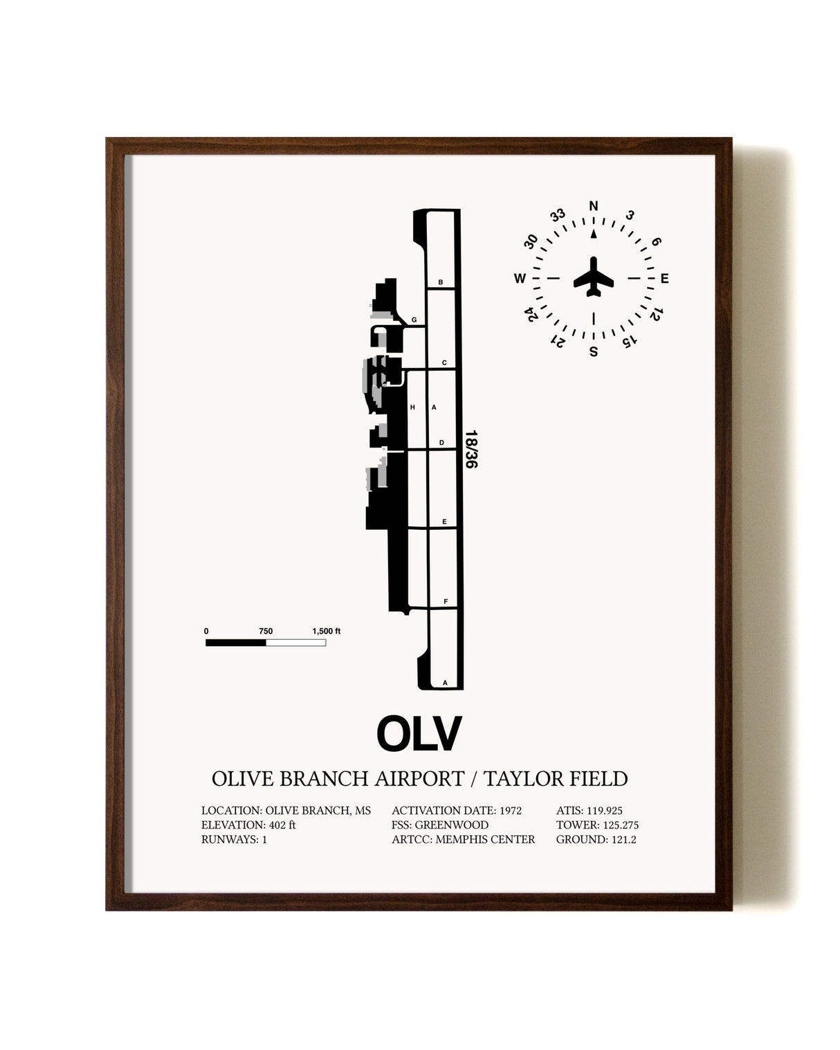 Olive Branch Airport / Taylor Field aviation print in walnut frame