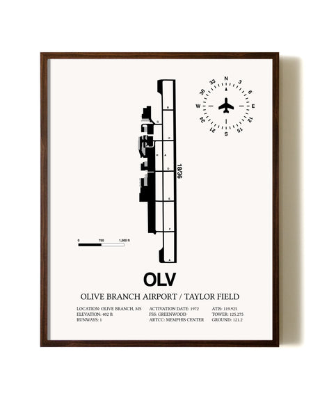 Olive Branch Airport / Taylor Field aviation print in walnut frame