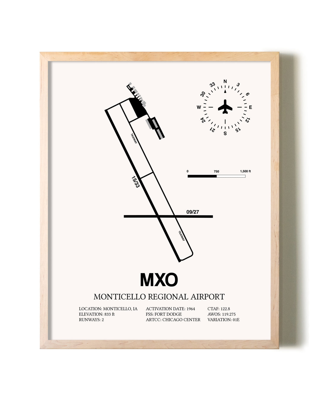 Monticello Regional Airport framed wall art in white frame