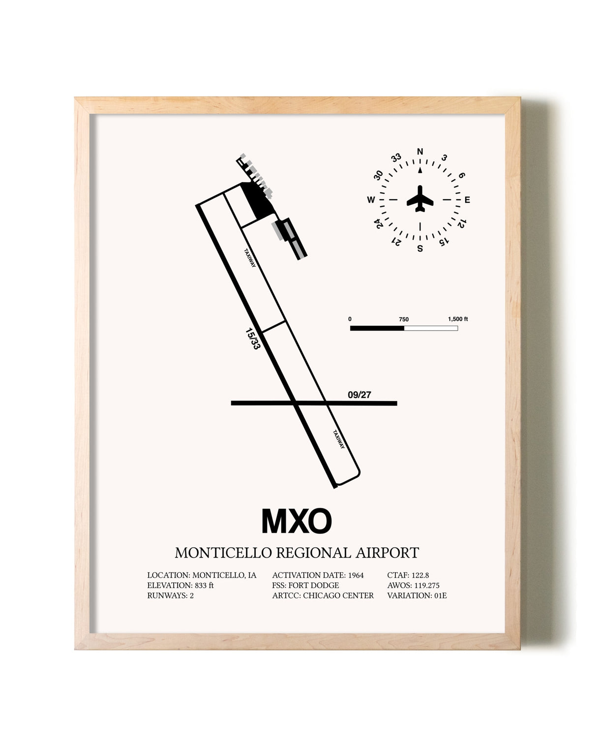 Monticello Regional Airport framed wall art in white frame