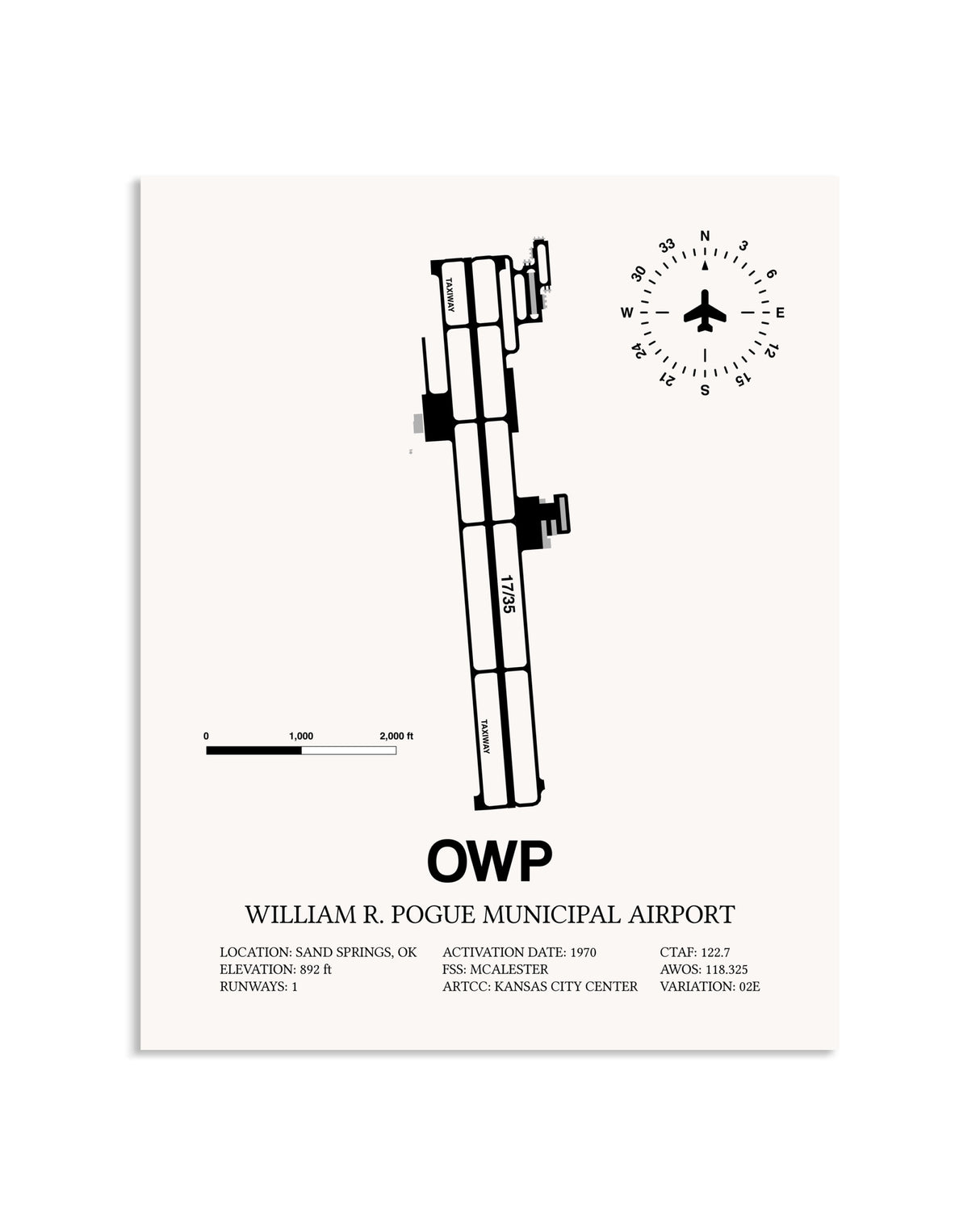 Gray William R. Pogue Municipal Airport framed poster displayed in an airplane hangar