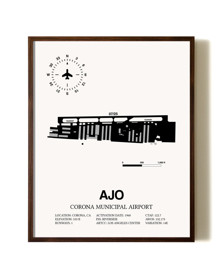 Corona Municipal Airport aviation print in walnut frame