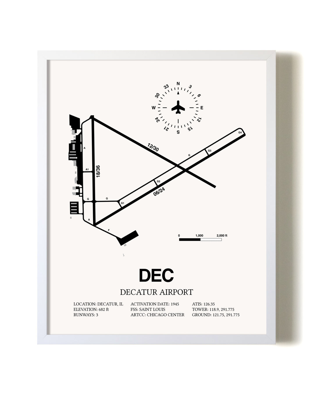 Decatur Airport airport map poster in oak frame