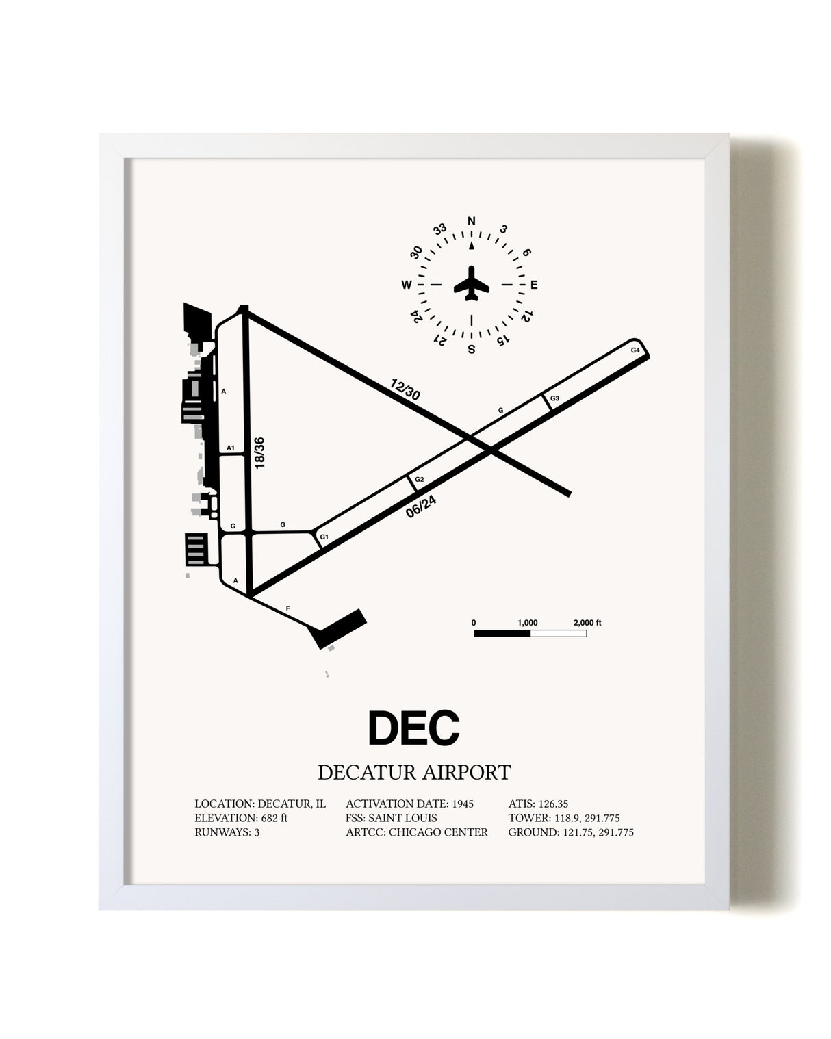 Decatur Airport airport map poster in oak frame