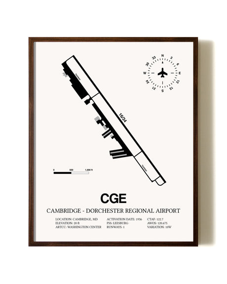 Cambridge-Dorchester Regional Airport aviation print in walnut frame