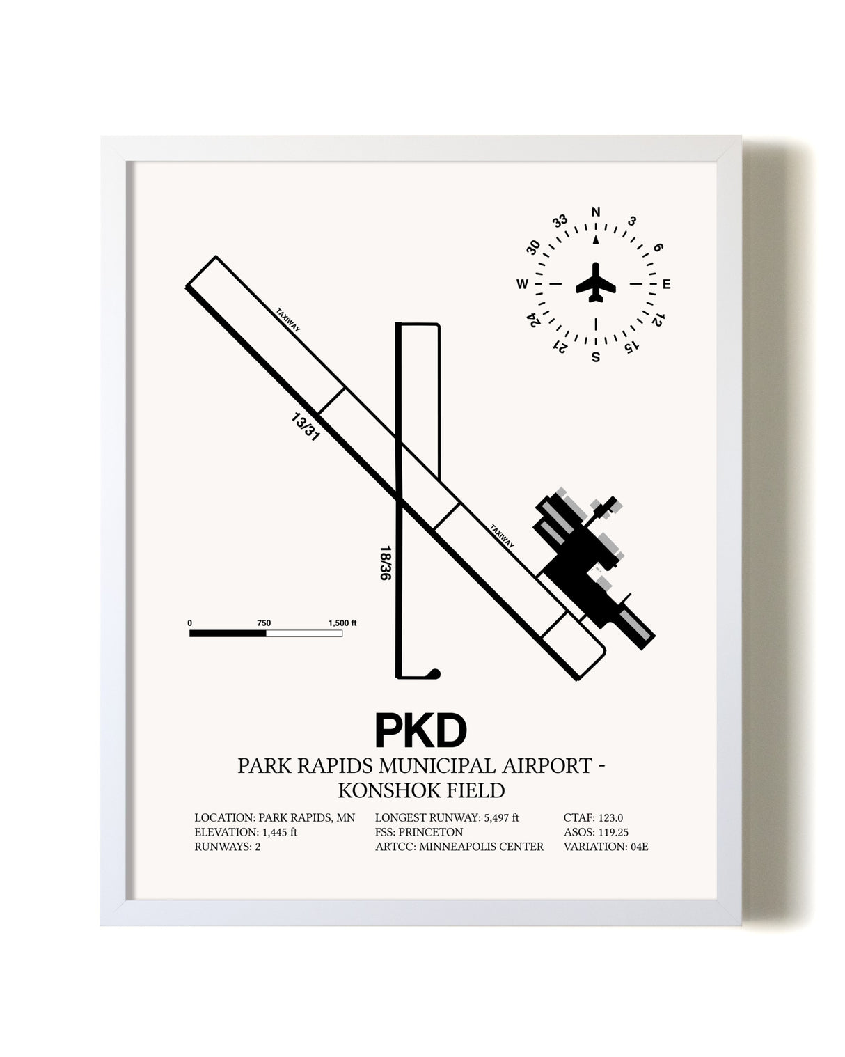 Park Rapids Municipal Airport-Konshok Field airport map poster in oak frame