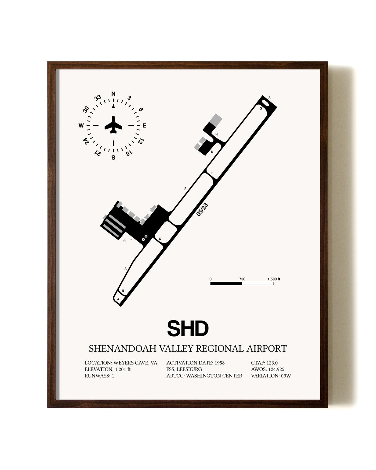 Shenandoah Valley Regional Airport aviation print in walnut frame