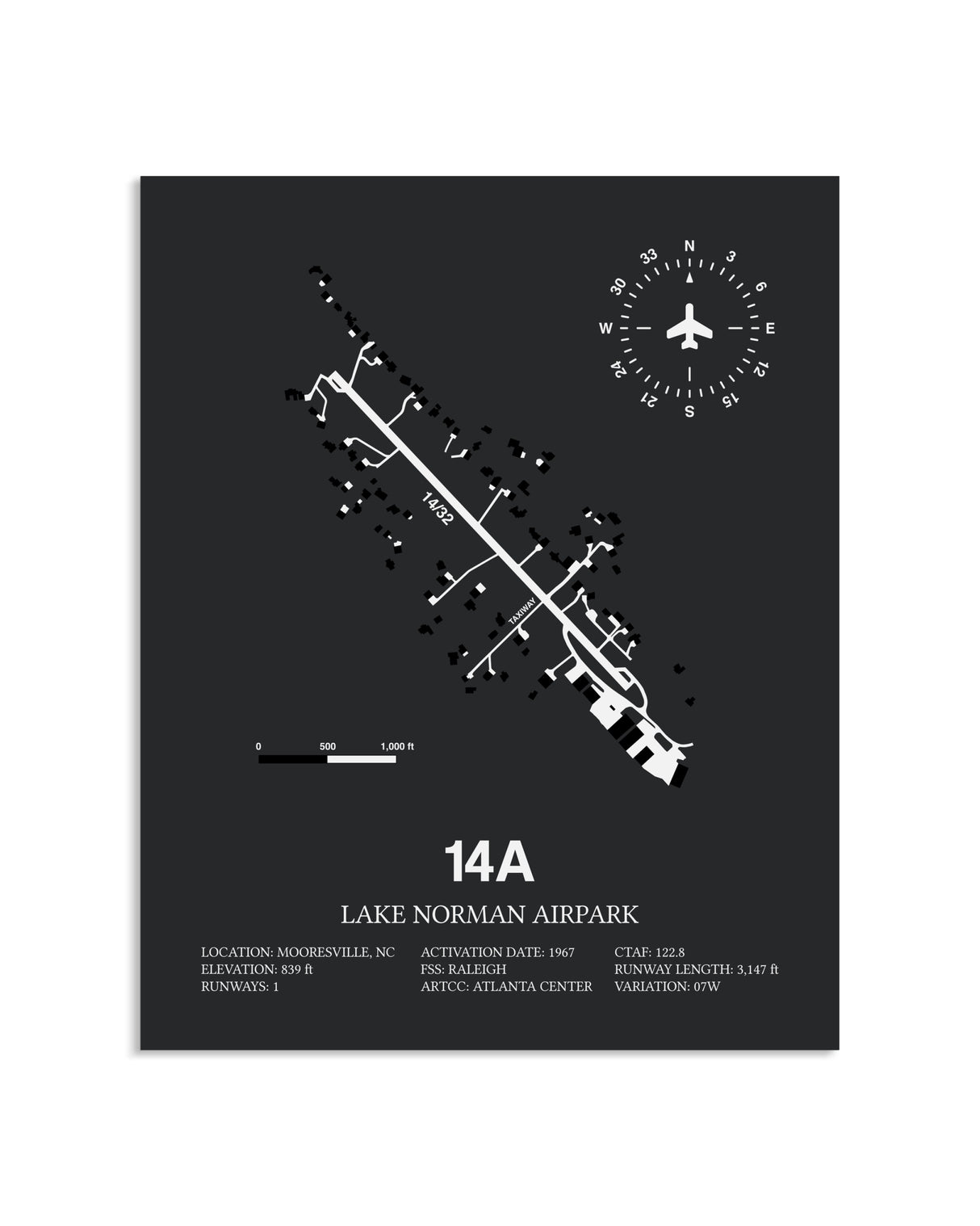 Gray Framed Lake Norman Airpark layout wall art poster
