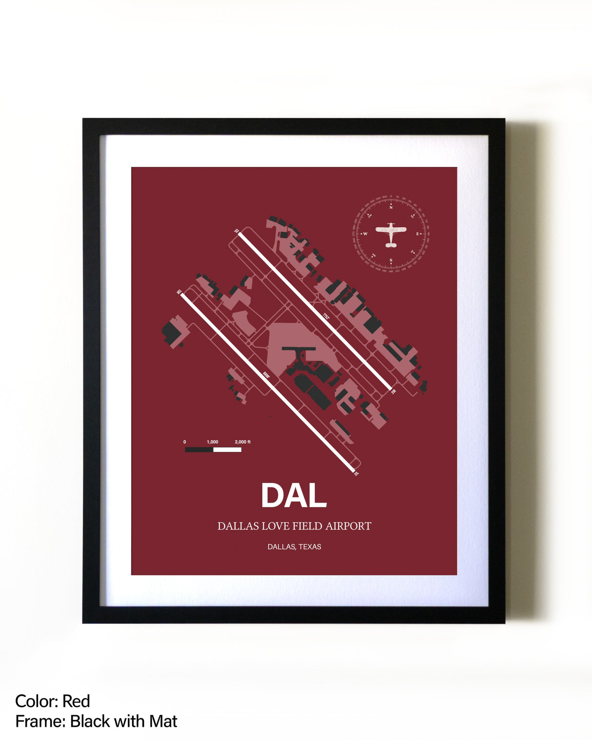 Dallas Love Field Airport aviation wall décor in black wood frame