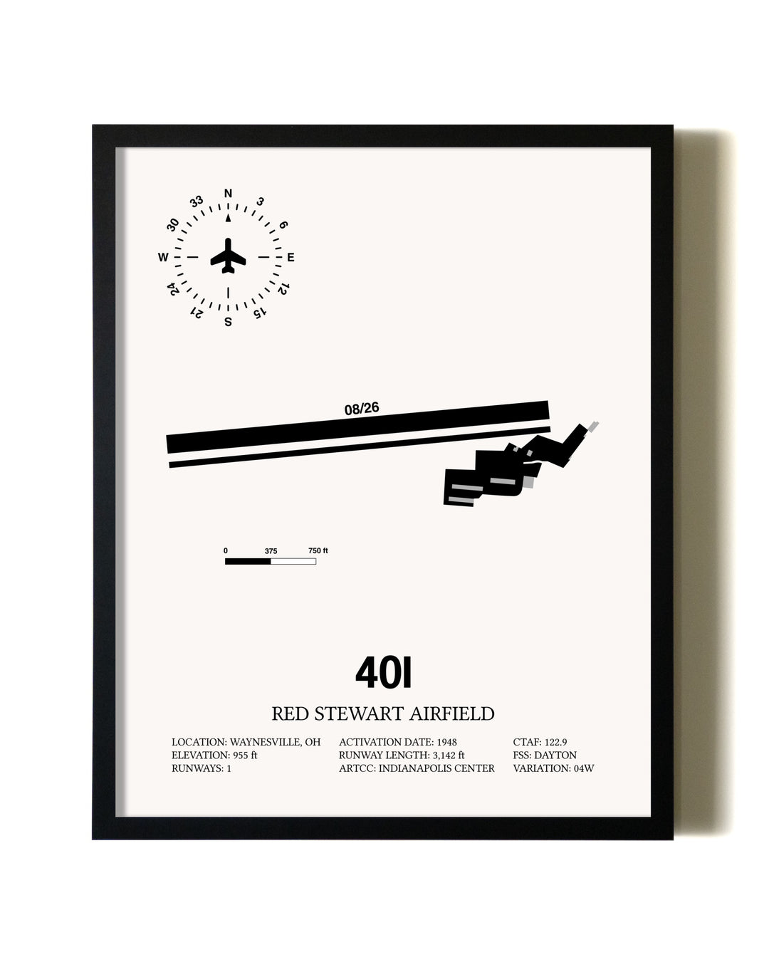 Framed Red Stewart Airfield wall art poster in black frame