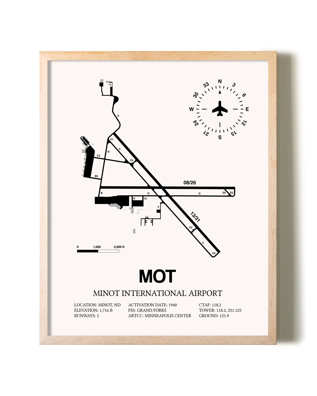Minot International Airport framed wall art in white frame