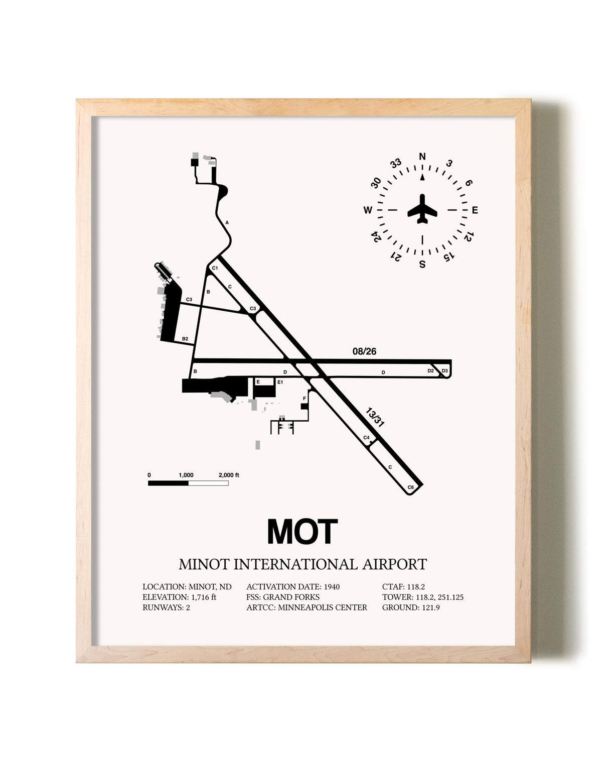 Minot International Airport framed wall art in white frame