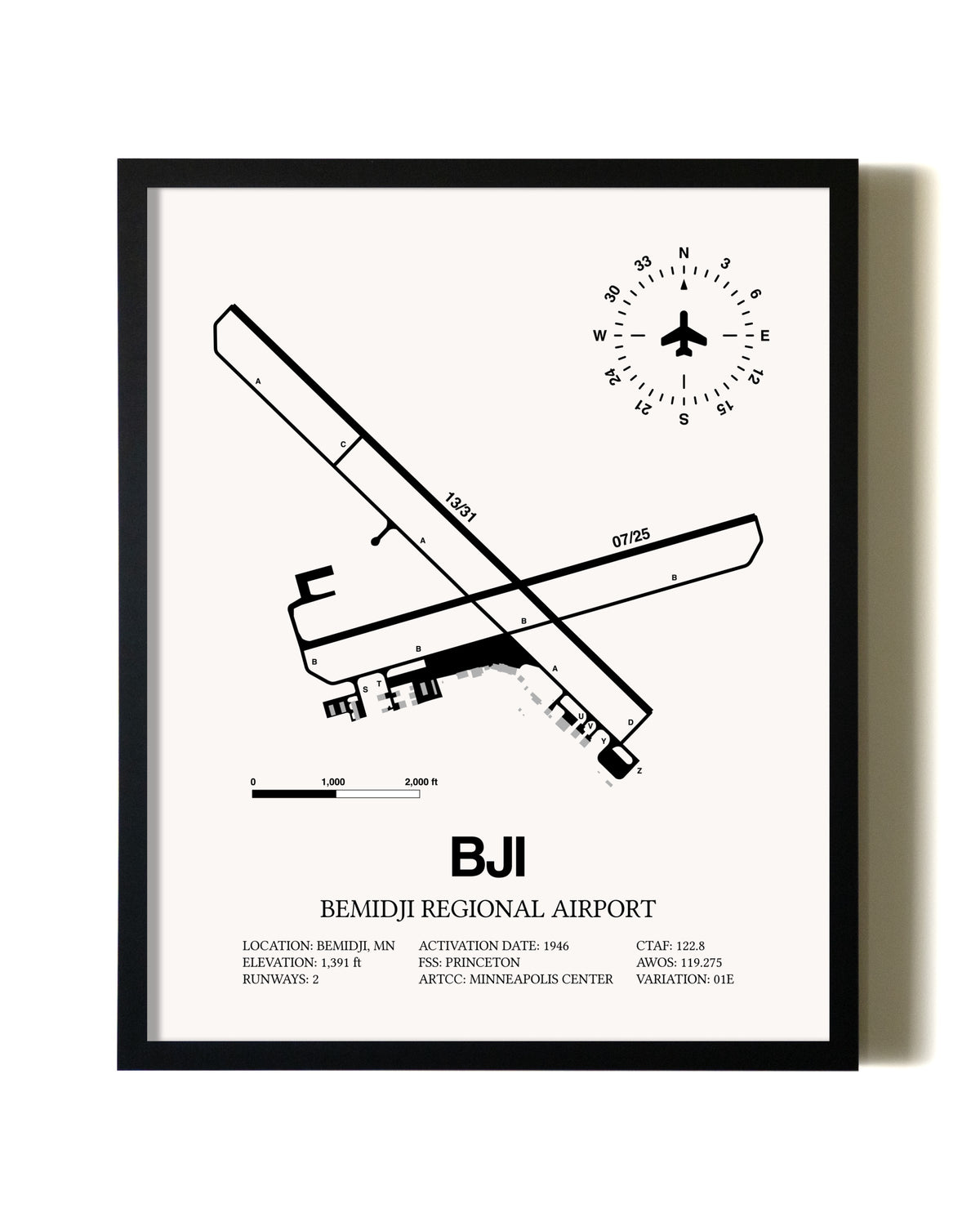Framed Bemidji Regional Airport wall art poster in black frame