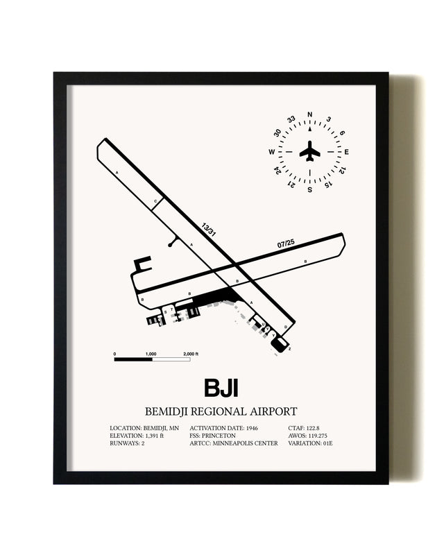 Framed Bemidji Regional Airport wall art poster in black frame