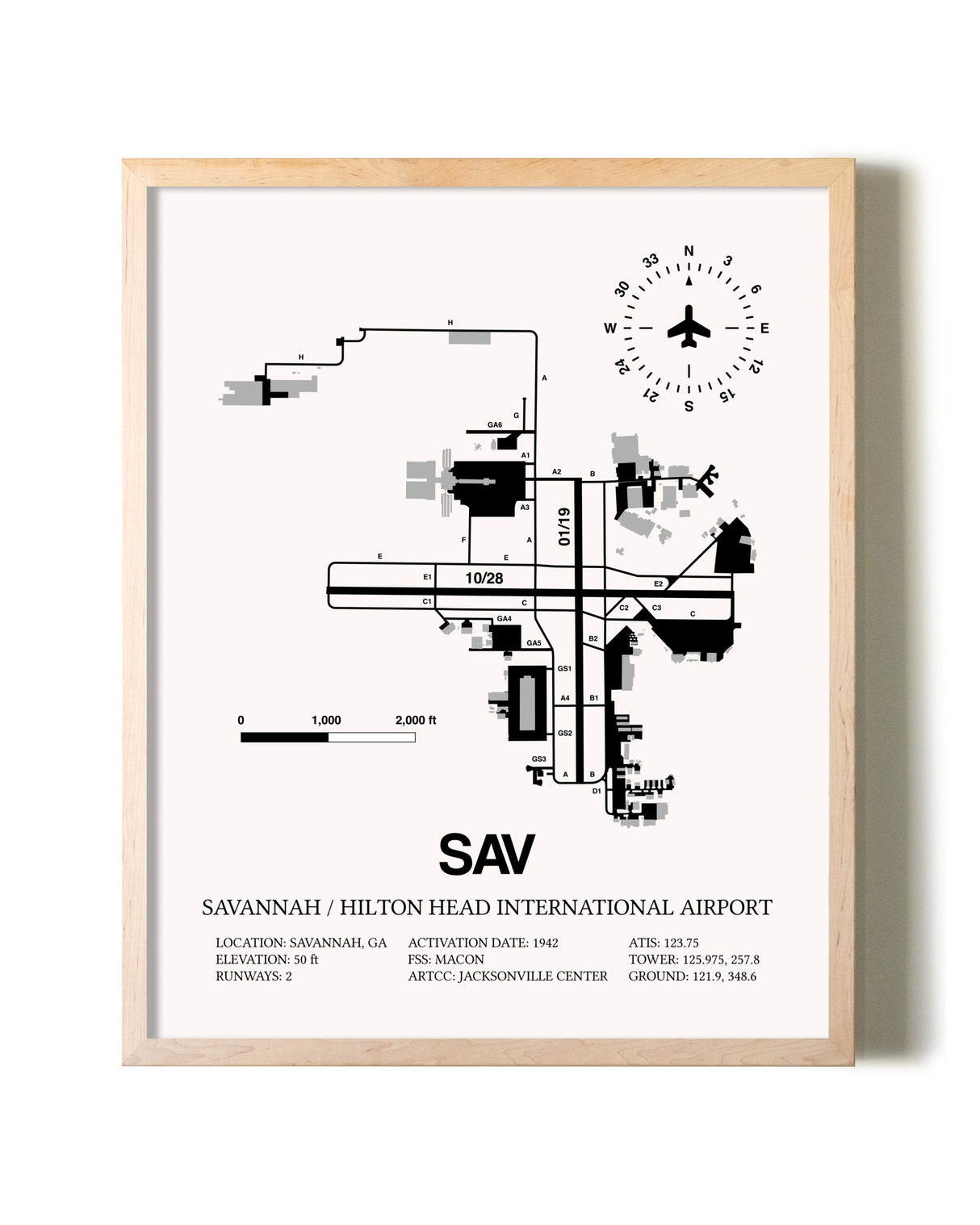Savannah / Hilton Head International Airport framed wall art in white frame