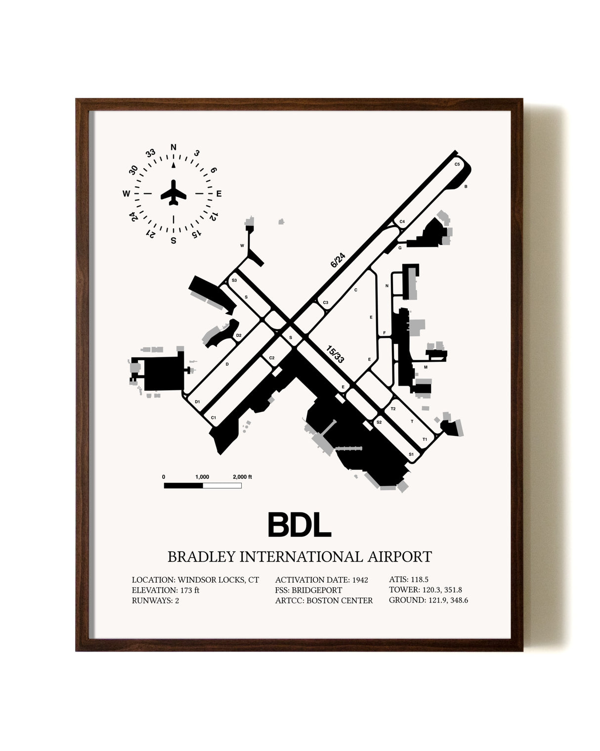Bradley International Airport aviation print in walnut frame
