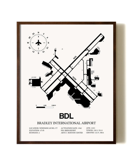 Bradley International Airport aviation print in walnut frame