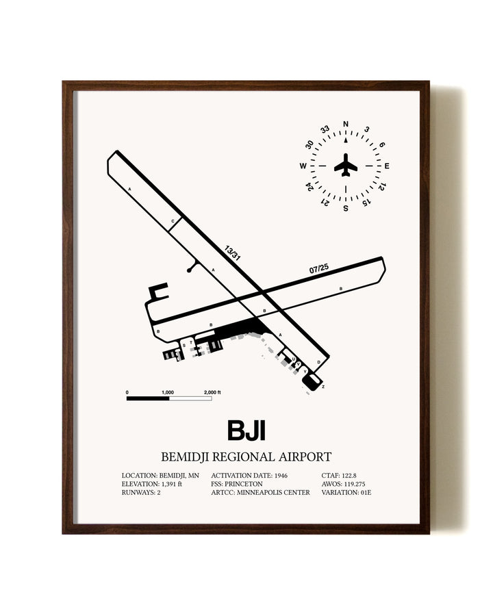 Bemidji Regional Airport aviation print in walnut frame
