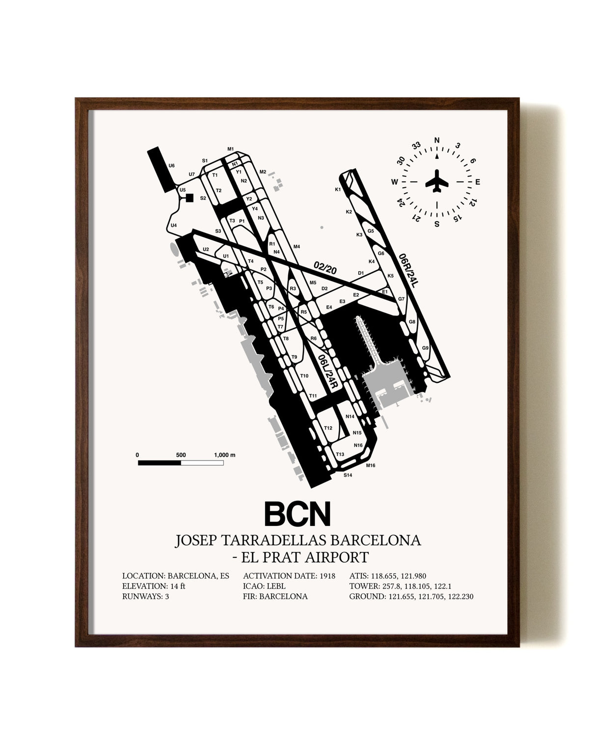 Josep Tarradellas Barcelona-El Prat Airport aviation print in walnut frame