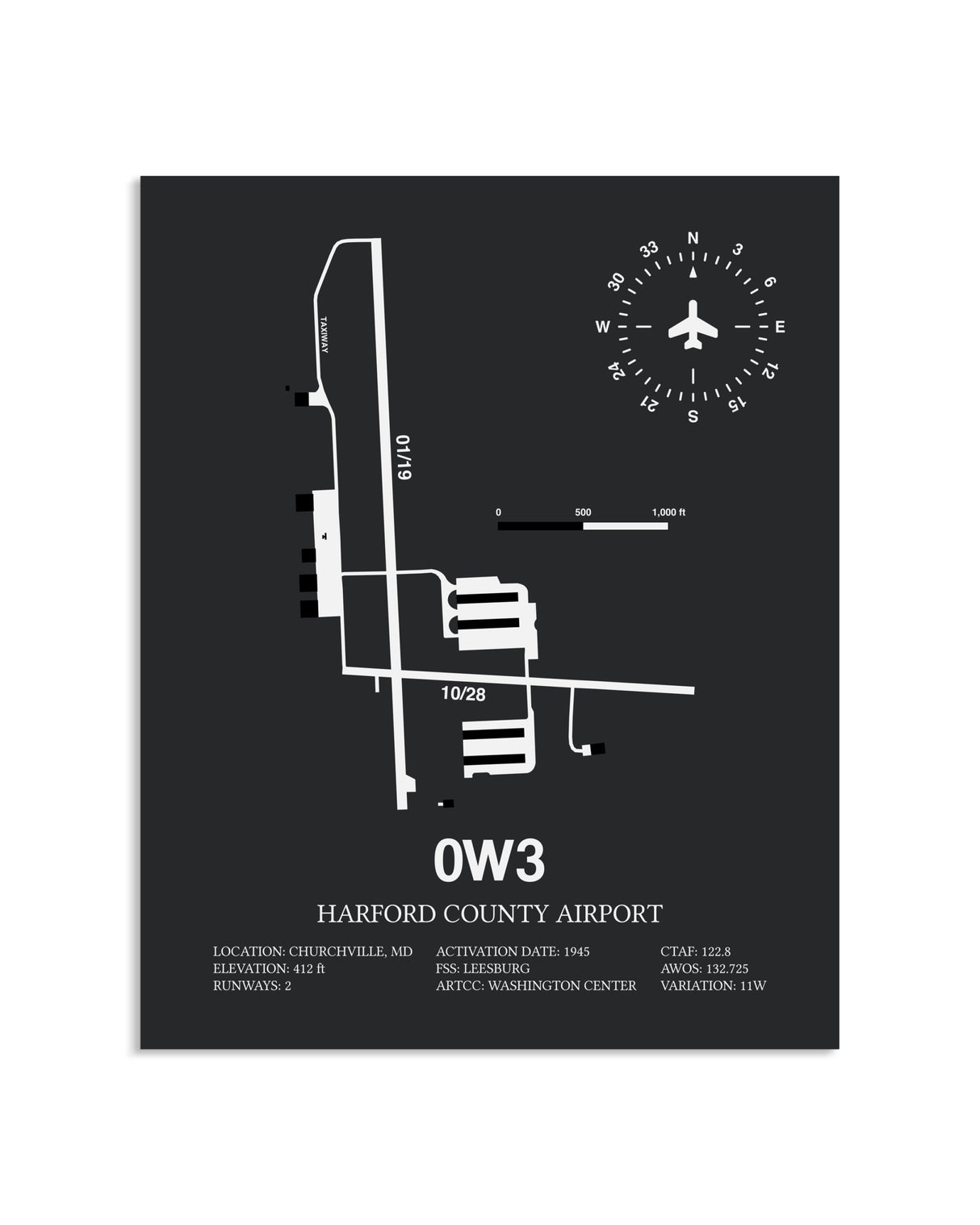 Gray Framed Harford County Airport layout wall art poster