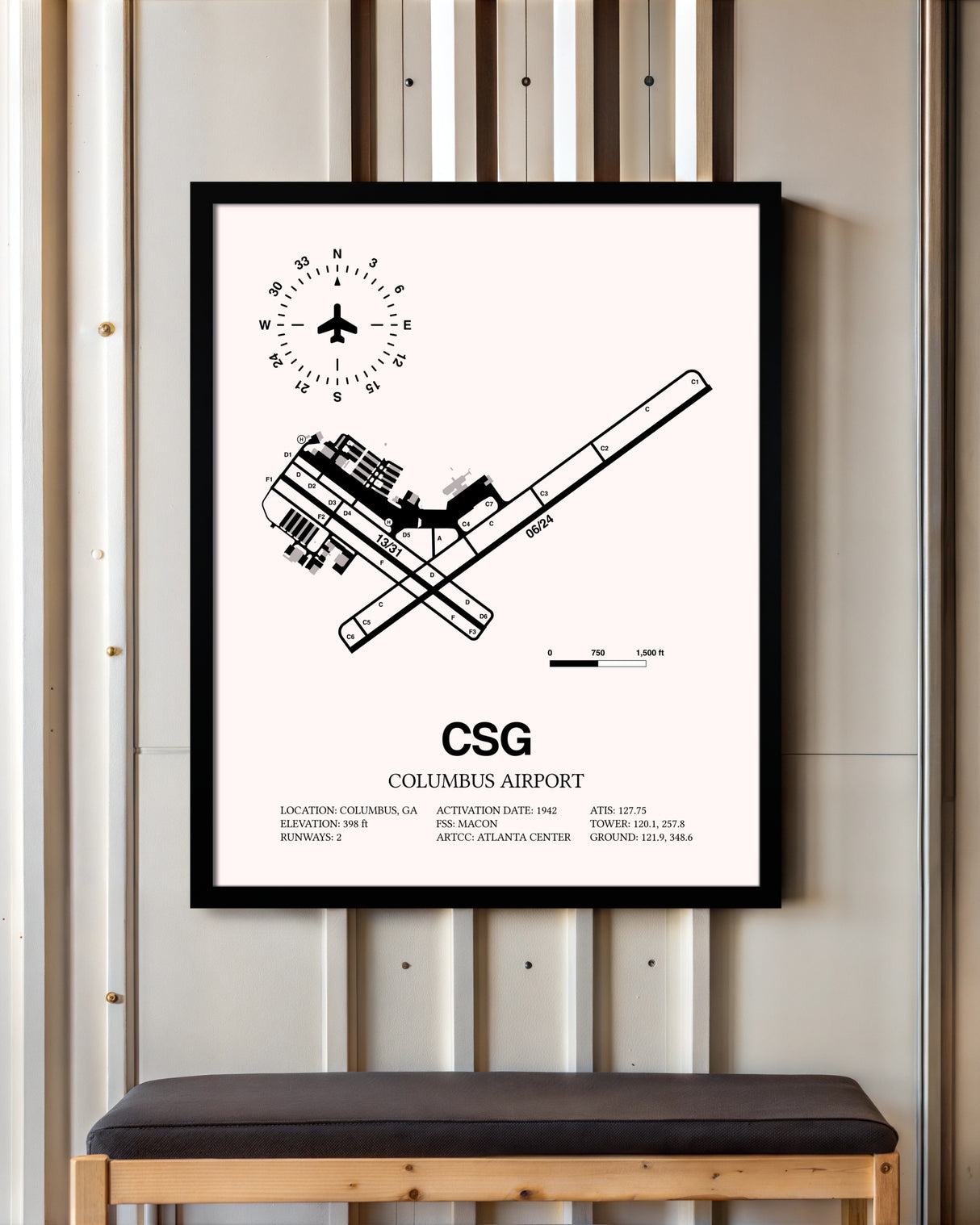 Columbus Airport framed poster displayed in an airplane hangar