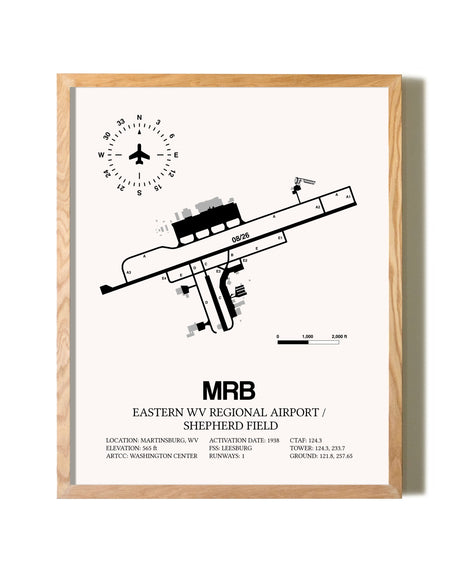 Eastern WV Regional Airport / Shepherd Field framed print in natural wood frame