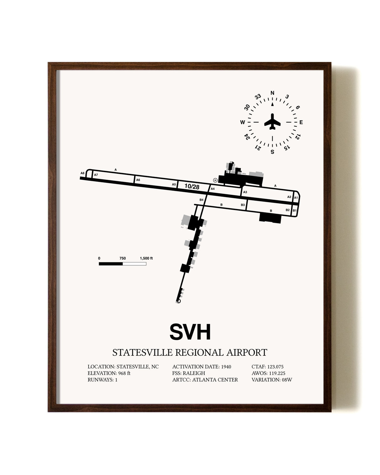 Statesville Regional Airport aviation print in walnut frame
