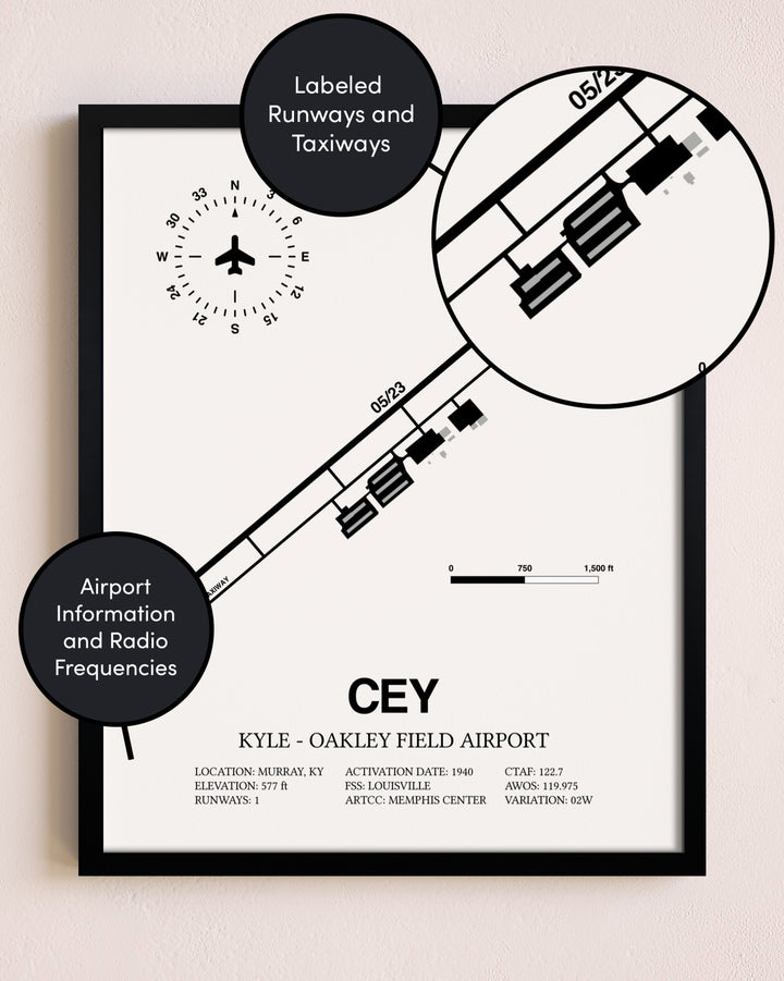 Framed Kyle-Oakley Field Airport layout wall art poster